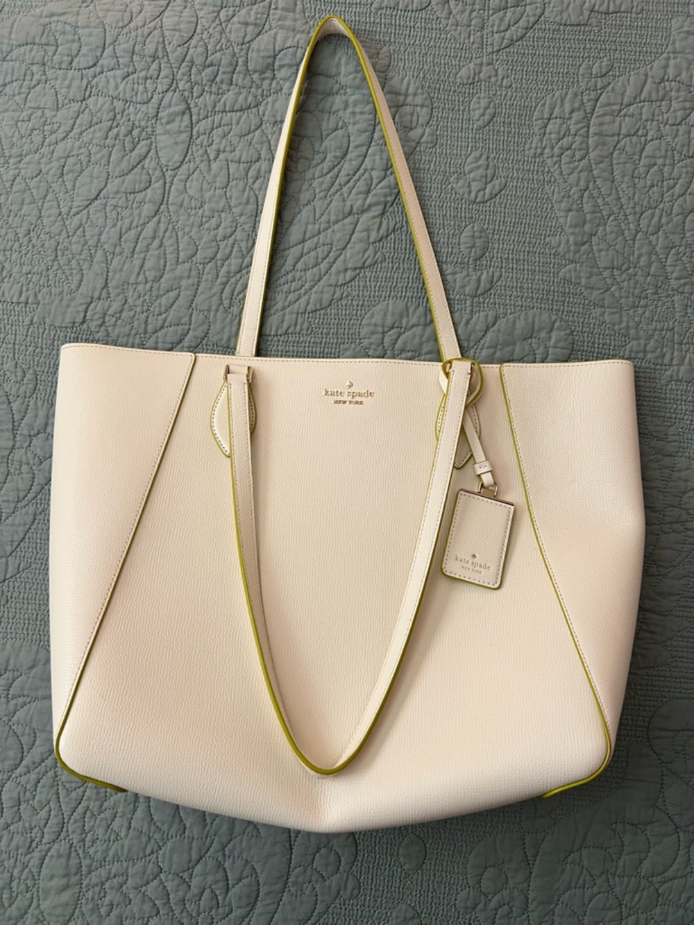 kate spade Cream Tote with Yellow green Trim